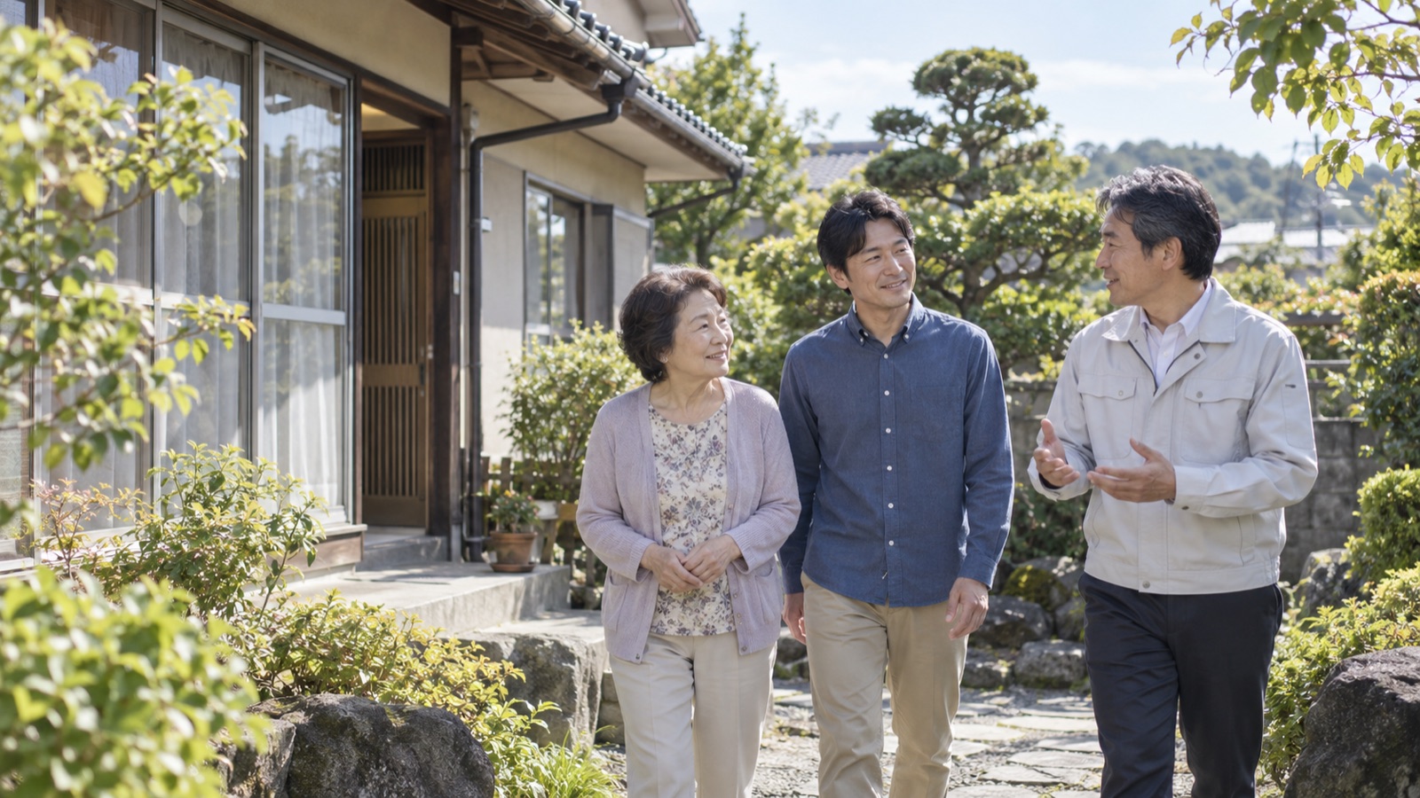 相続した家の前でご家族と専門家が話す様子