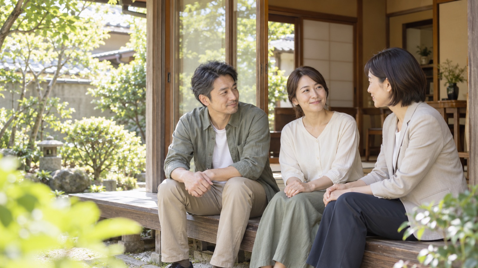 相続した家の縁側で家族に寄り添う専門家