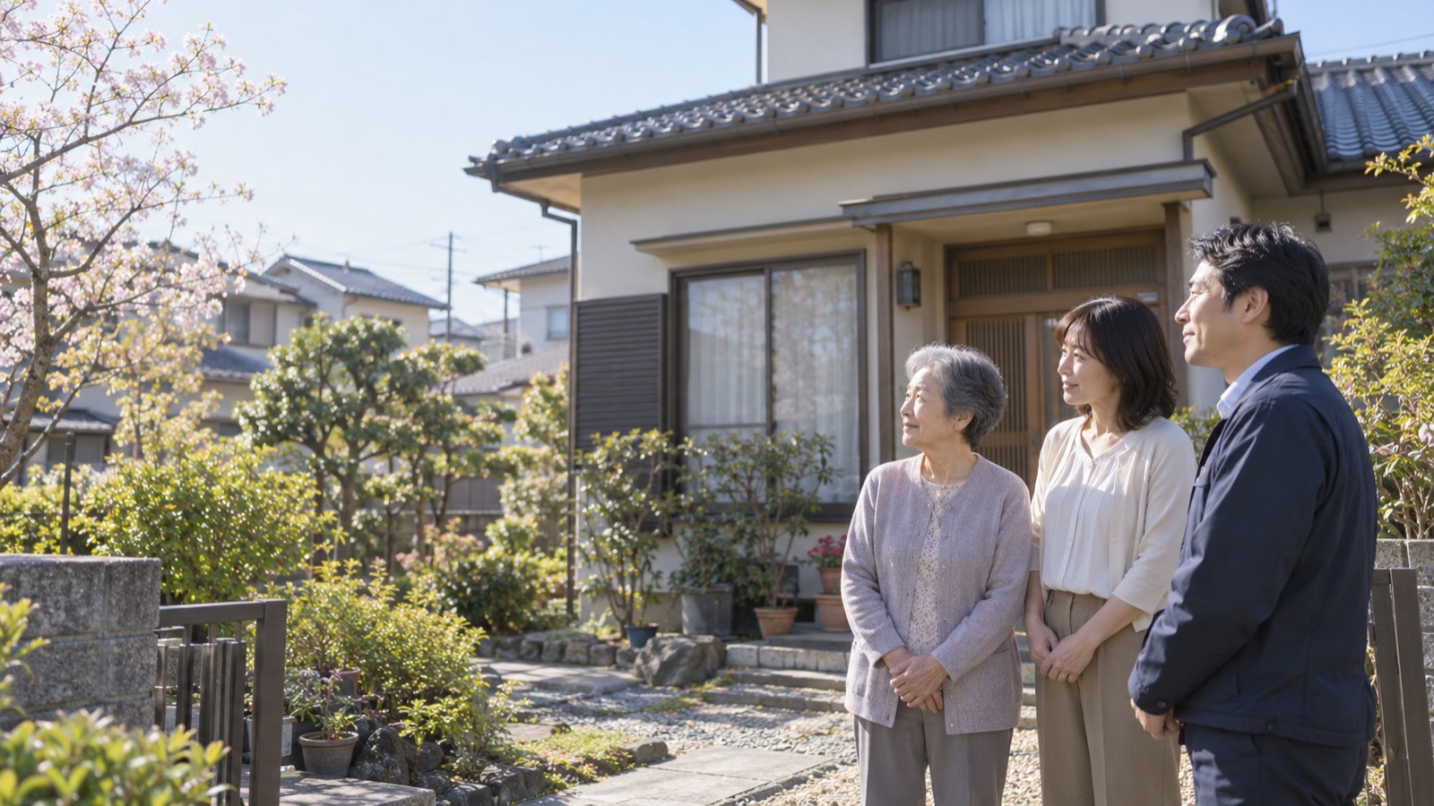 相続した家の前でご家族と専門家が今後を話し合う様子